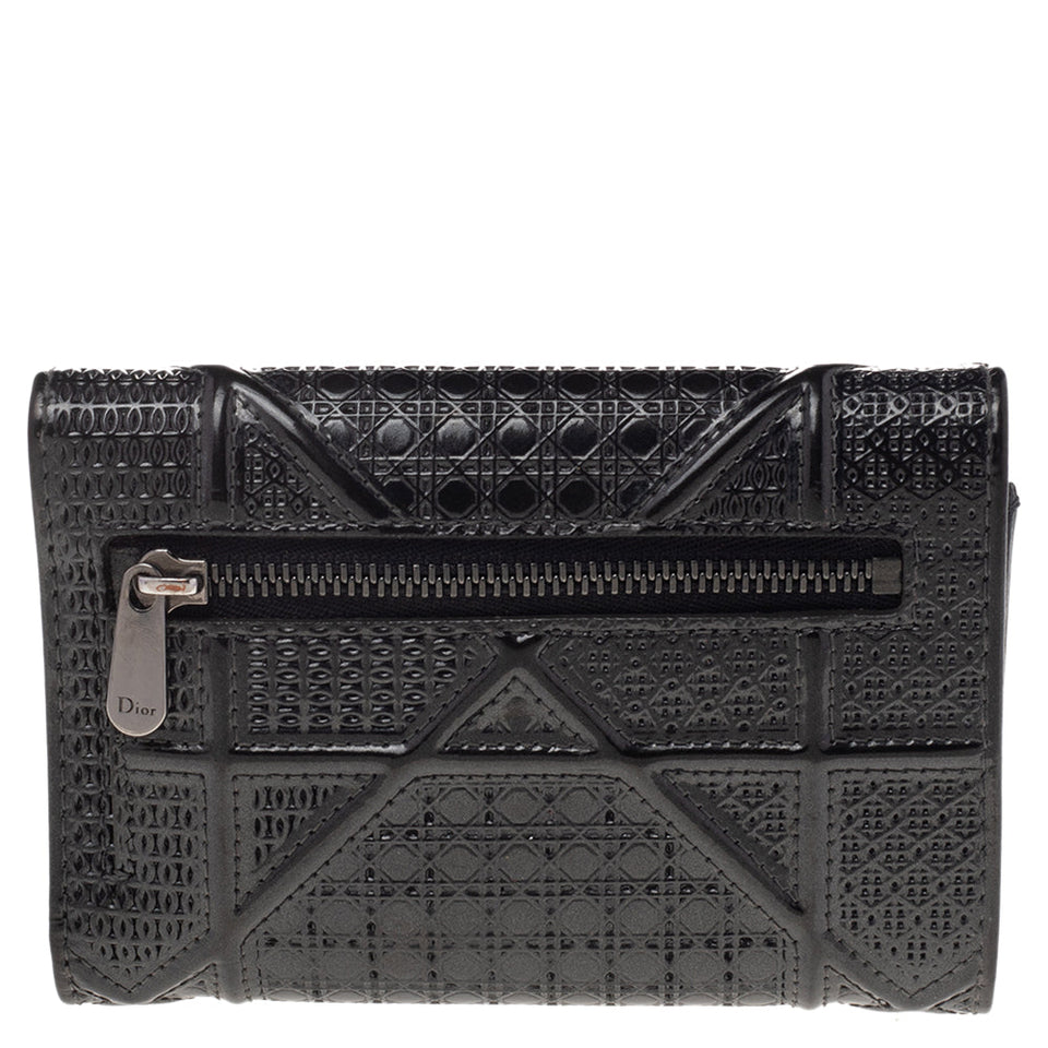 Dior Metallic Grey Micro Cannage Patent Leather Diorama Trifold Wallet..
