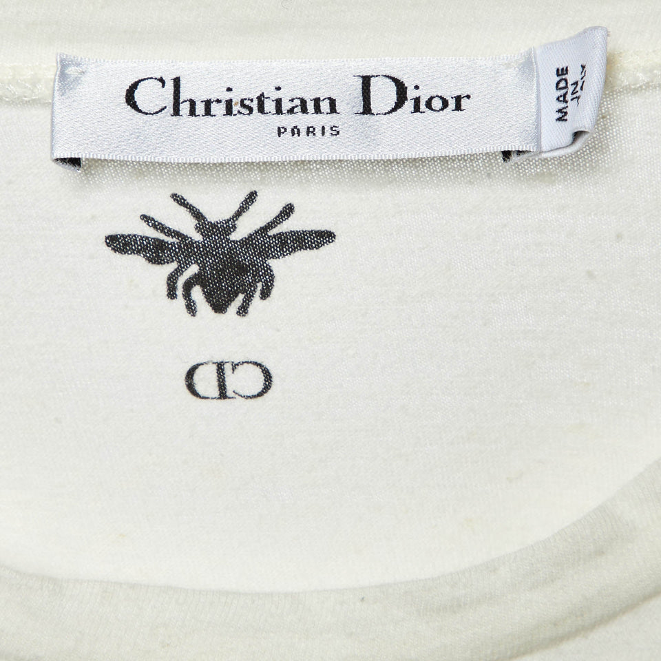 Dior Ivory Slogan Print Cotton & Linen Crew Neck T-Shirt