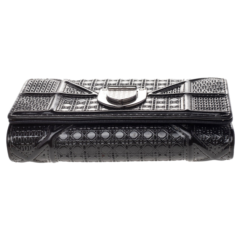 Dior Metallic Grey Micro Cannage Patent Leather Diorama Trifold Wallet..