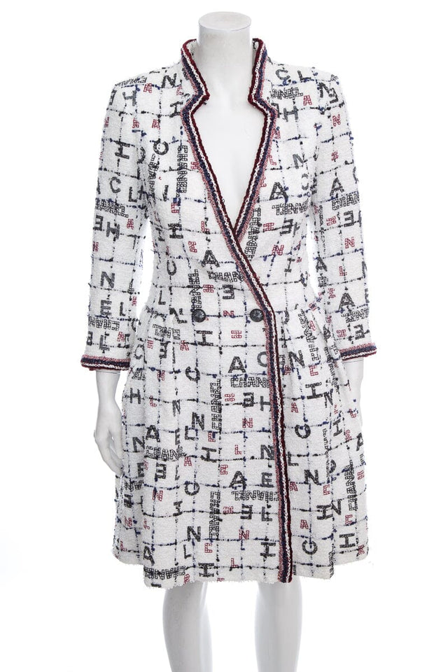 Chanel Spring 2020 White & Multi Logo Tweed Coat/Dress SZ 36