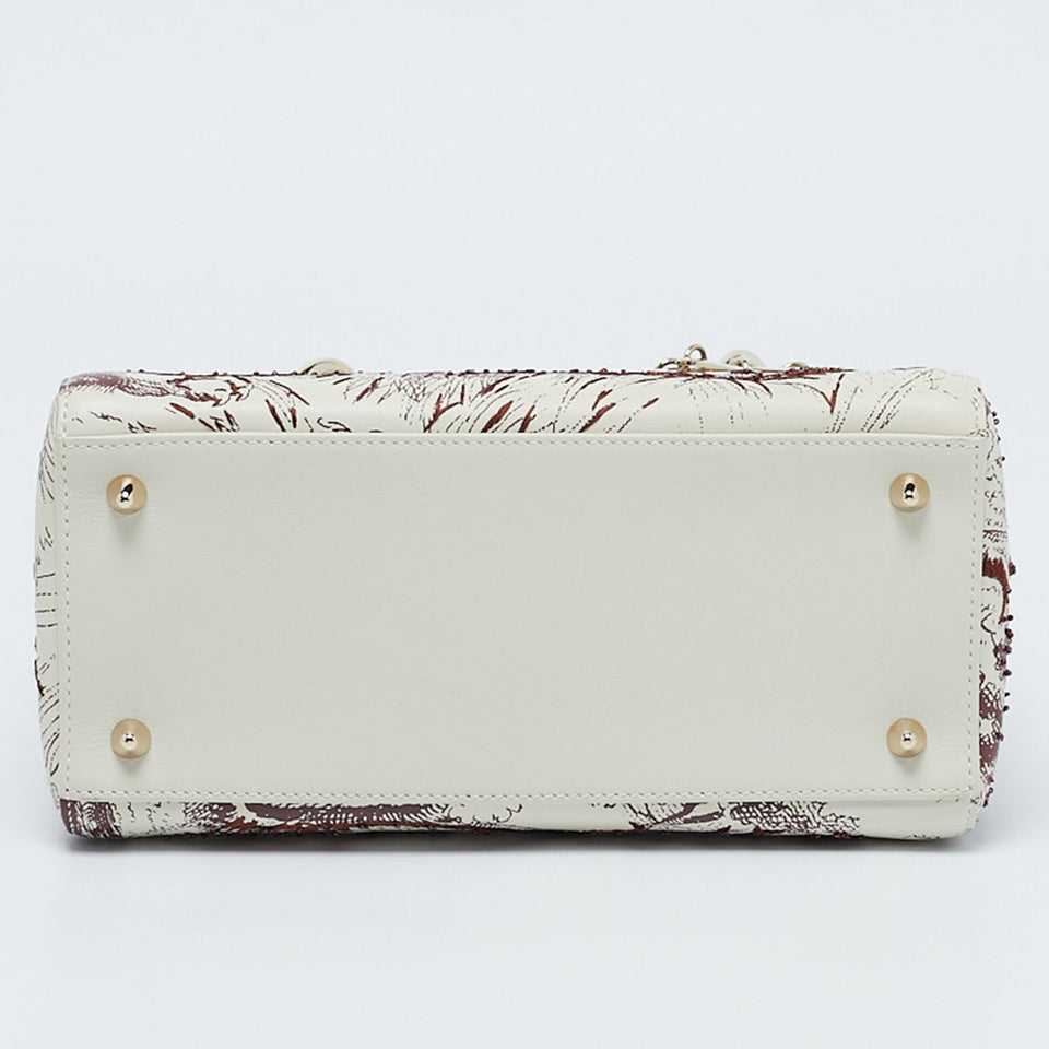 Dior Off White Leather Medium Embroidered Beads Lady Dior Tote