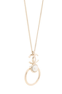 Chanel 2022 Cruise Metal Pearl CC Hoop Drop Pendant Silver Necklace
