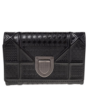 Metallic Grey Micro Cannage Patent Leather Diorama Trifold Wallet
