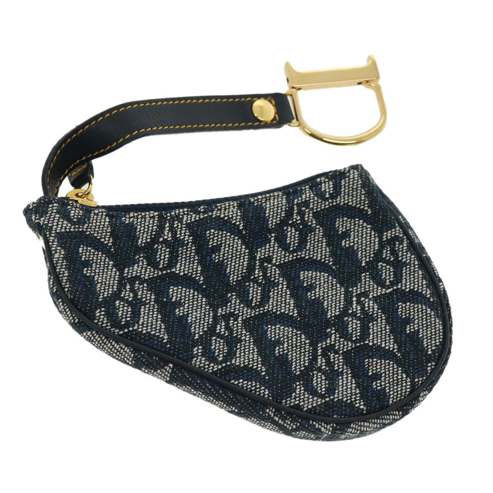 CHRISTIAN DIOR Trotter Canvas Saddle Coin Purse Navy Auth am3626
