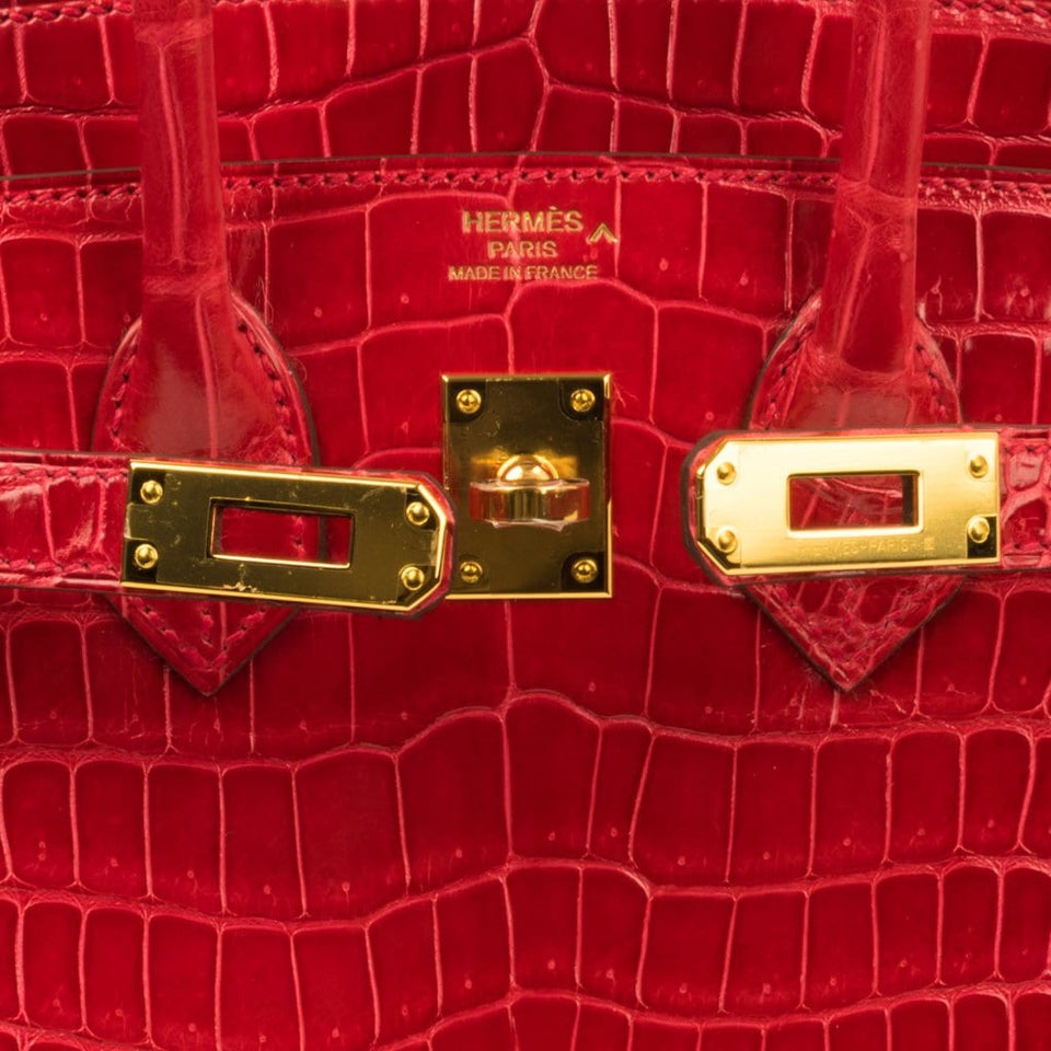 Hermes Birkin 25 Bag Red Braise Porosus Crocodile Gold Hardware Lipstick Red