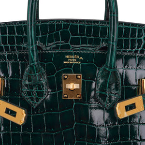 Hermes Birkin 25 Bag Sellier Vert Fonce Porosus Crocodile Bag with Gold Hardware