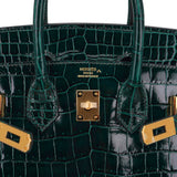 Hermes Birkin 25 Bag Sellier Vert Fonce Porosus Crocodile Bag with Gold Hardware