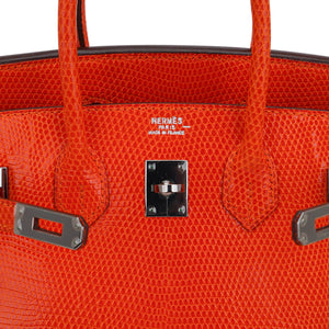 Hermes Birkin 25 Bag Orange Tangerine Lizard with Ruthenium Hardware