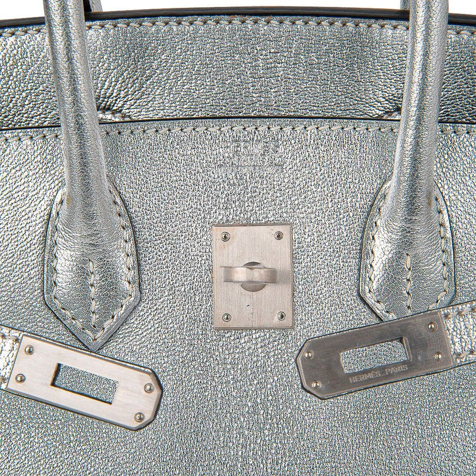 Hermes Birkin 25 Bag Metallic Silver Chevre with Brushed Palladium Hardware