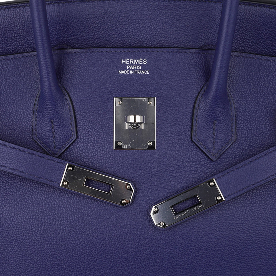 Hermes Limited Edition Birkin 35 Bag Blue Sapphire Taurillon Novillo Leather & Toile Sea Surf & Fun