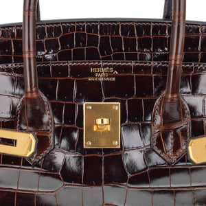 Hermes Birkin 35 Bag Cocoan Porosus Crocodile with Gold Hardware