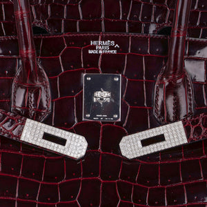 Hermes Birkin 35 Bag Diamond Bordeaux Porosus Crocodile with White Gold Hardware