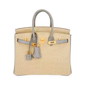 Hermes Special Order HSS Birkin 25 Bag in Matte Alligator Vanille and Gris Pearl Alligator with Brushed Gold Hardware