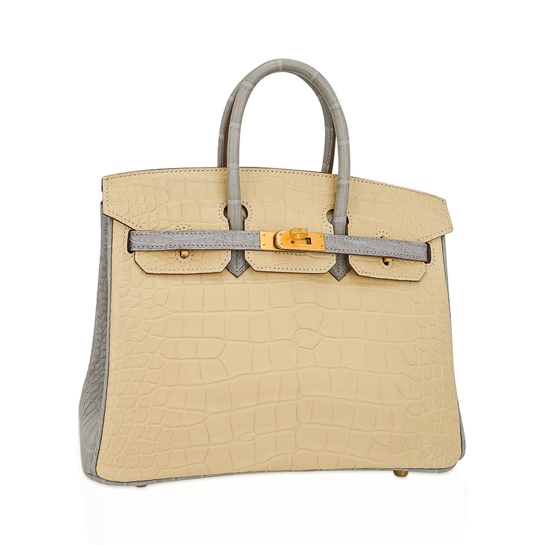 Hermes Special Order HSS Birkin 25 Bag in Matte Alligator Vanille and Gris Pearl Alligator with Brushed Gold Hardware