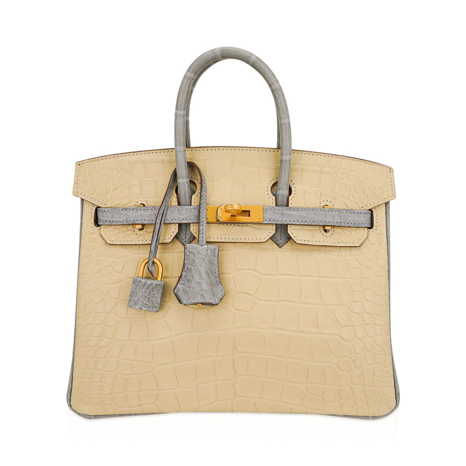 Hermes Special Order HSS Birkin 25 Bag in Matte Alligator Vanille and Gris Pearl Alligator with Brushed Gold Hardware