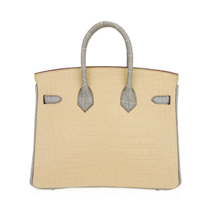 Hermes Special Order HSS Birkin 25 Bag in Matte Alligator Vanille and Gris Pearl Alligator with Brushed Gold Hardware