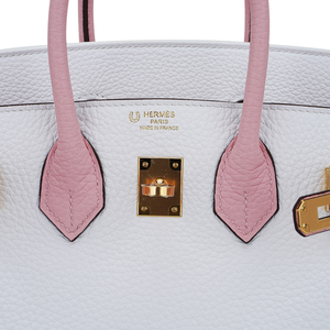 Hermes Special Order HSS Birkin 25 Bag Rose Sakura & White Clemence Leather Gold Hardware