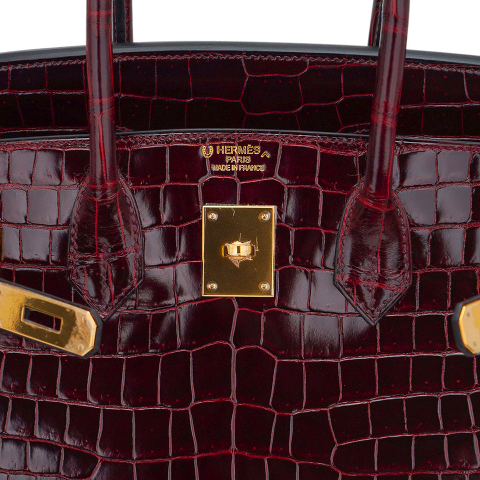 Hermes Special Order HSS Birkin 35 Bag Bordeaux Porosus Crocodile with Gold Hardware