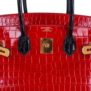 Hermes Special Order HSS Birkin 35 Bag Braise & Black Porosus Crocodile with Gold Hardware