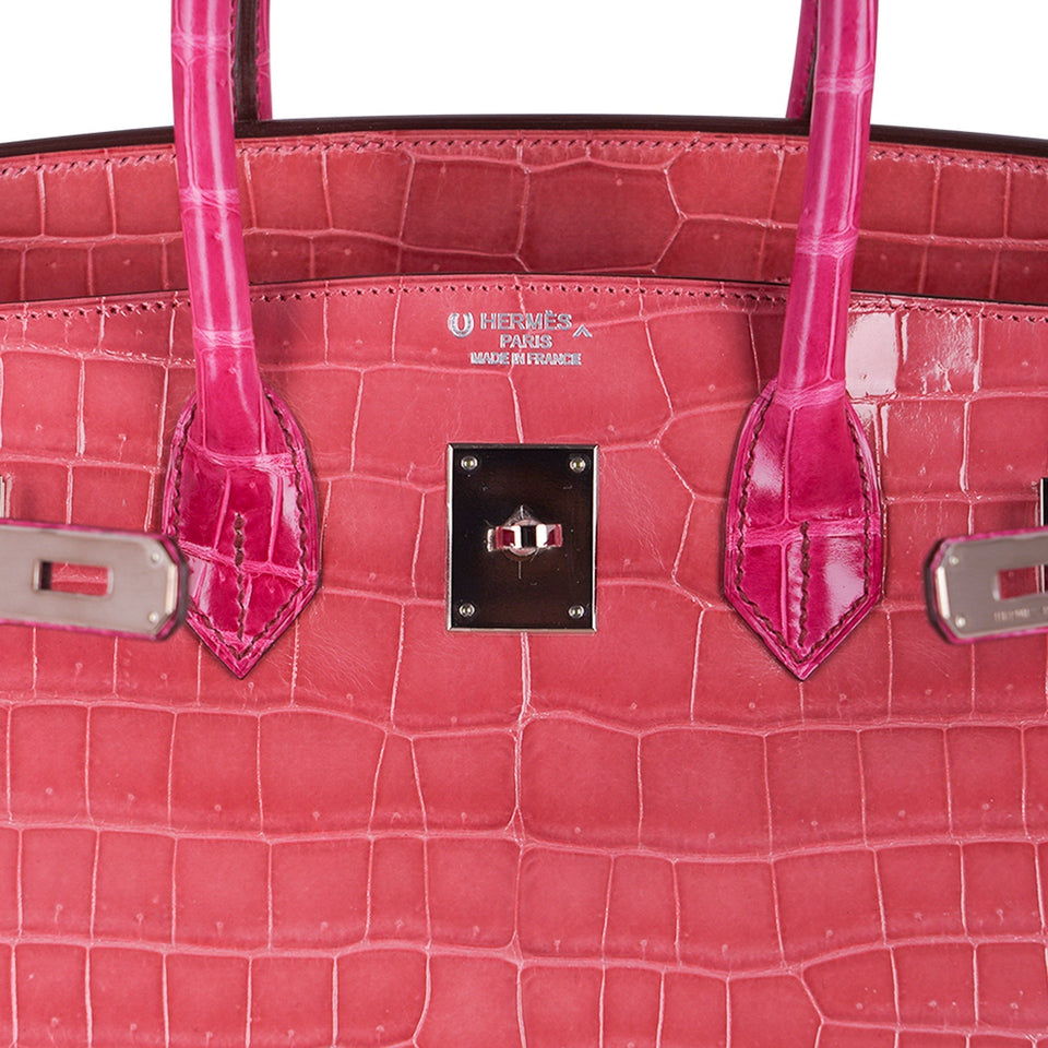 Hermes Special Order HSS Birkin 35 Bag Rose Indien & Fuchsia Porosus Crocodile with Palladium Hardware