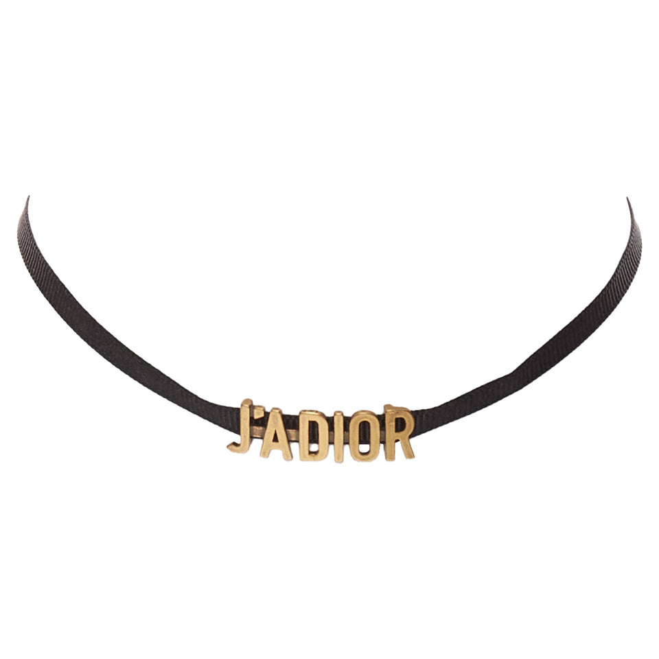 Dior J'adior Antique Gold Logo Plate Ribbon CD Charm Choker Necklace