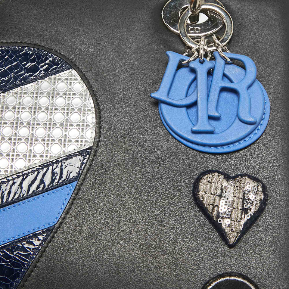 Dior Black/blue Crackled Patent And Leather Medium Patch Embellished  Lady Dior Tote