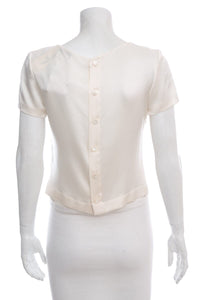 Chanel Cream Satin Silk Short Sleeve Blouse SZ 38 NWT