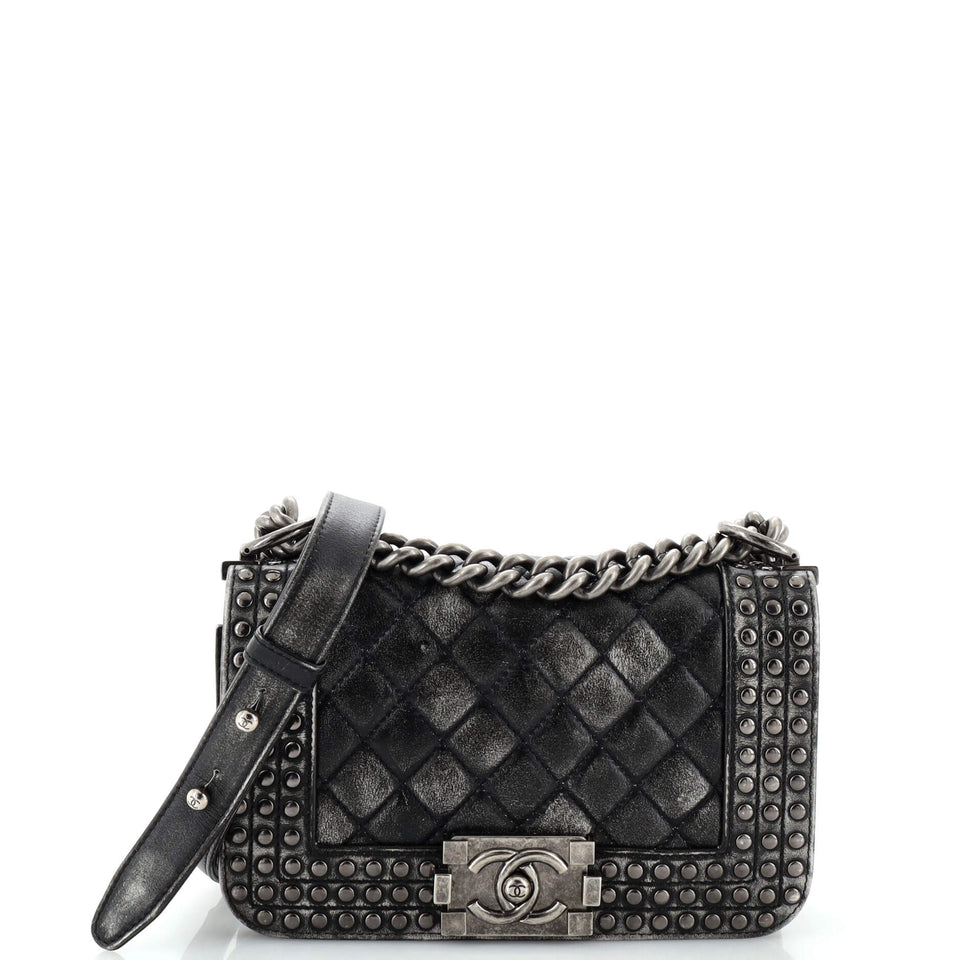 CHANEL Paris-Dallas Boy Flap Bag Studded Quilted Distressed Calfskin Small