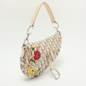 Dior Beige/white Oblique Canvas And Leather Floral Embroidered Saddle Shoulder Bag