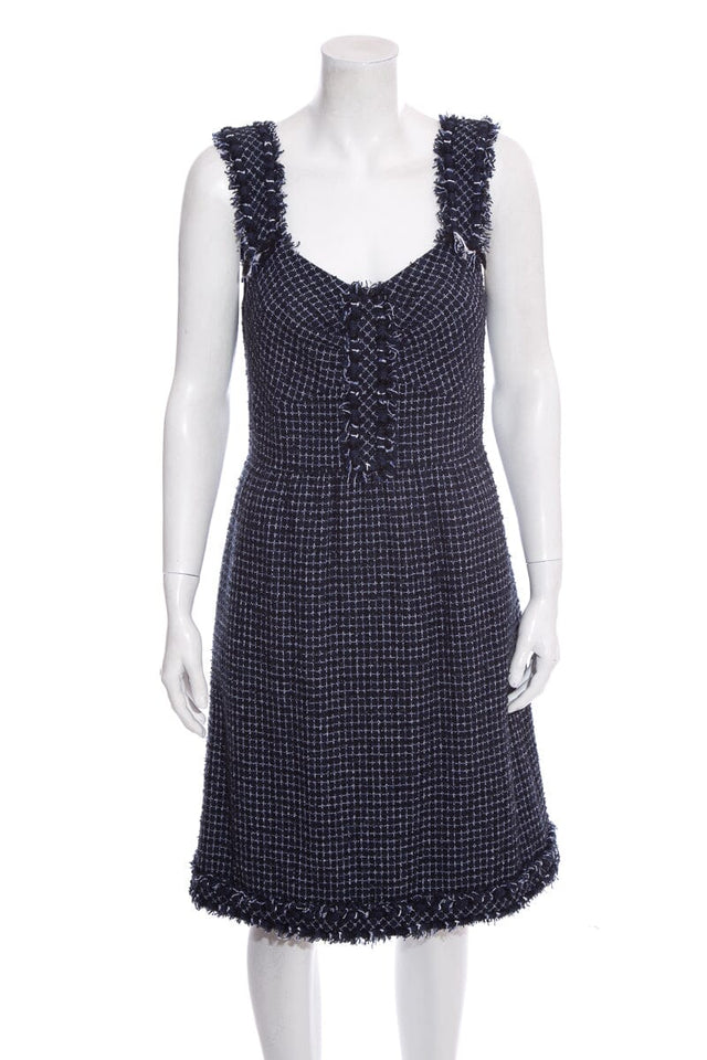 Chanel Navy Tweed Sleeveless Knee Length Dress SZ 40