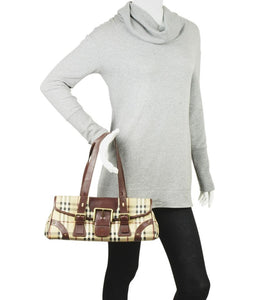 Burberry B24 Ecordelia Buckle Haymarket Check Beige Canvas Satchel