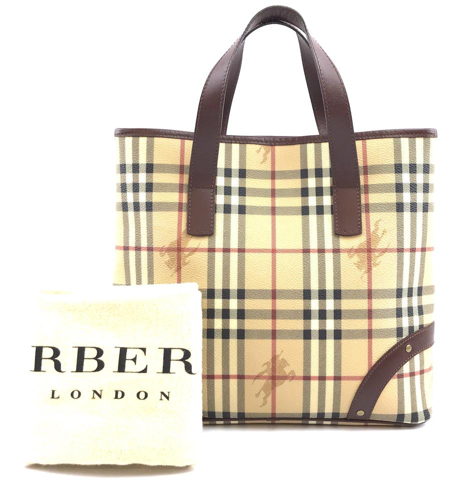 Burberry Bag Haymarket Check Pattern Beige and Brown Leather Coated Canvas Tote