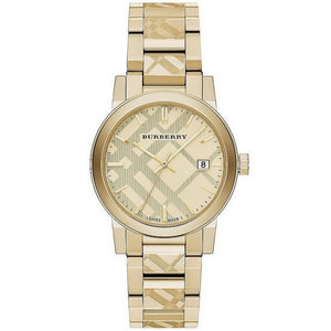 Burberry Ladies The City Engraved Checked Gold Watch BU9038