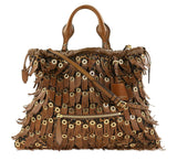 Burberry Prorsum Leopard Print Fringe Grommet Brown Calf Hair Tote