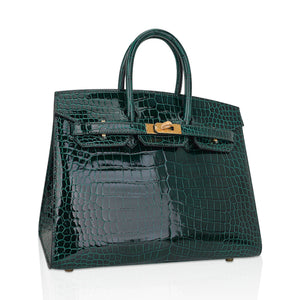 Hermes Birkin 25 Bag Sellier Vert Fonce Porosus Crocodile Bag with Gold Hardware