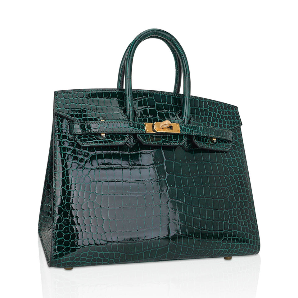 Hermes Birkin 25 Bag Sellier Vert Fonce Porosus Crocodile Bag with Gold Hardware