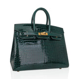 Hermes Birkin 25 Bag Sellier Vert Fonce Porosus Crocodile Bag with Gold Hardware