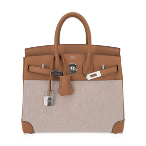 Hermes Limited Edition Birkin 25 Bag in Biscuit Swift Leather & Ecru Toile H with Palladium Hardware