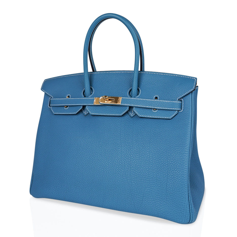 Hermes Birkin 35 Bag Iconic Rare Blue Jean Togo Gold Hardware