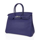 Hermes Limited Edition Birkin 35 Bag Blue Sapphire Taurillon Novillo Leather & Toile Sea Surf & Fun