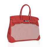 Hermes Limited Edition Birkin 35 Ghillies Bag Sanguine Toile & Swift Leather with Palladium Hardware