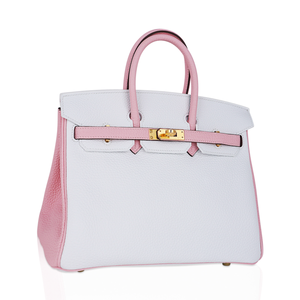 Hermes Special Order HSS Birkin 25 Bag Rose Sakura & White Clemence Leather Gold Hardware