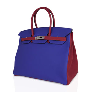 Hermes Special Order HSS Birkin 35 Bag Blue Electric & Rouge Grenat Togo Leather with Palladium Hardware