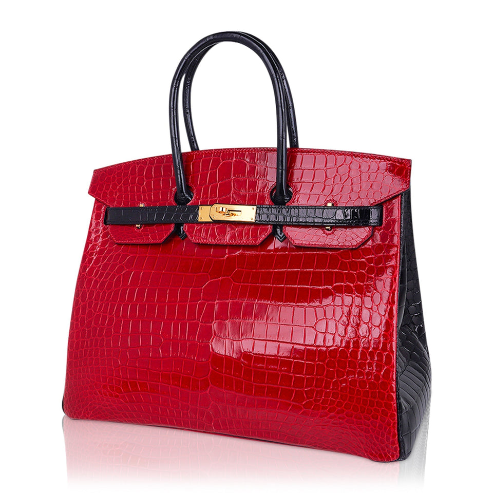 Hermes Special Order HSS Birkin 35 Bag Braise & Black Porosus Crocodile with Gold Hardware