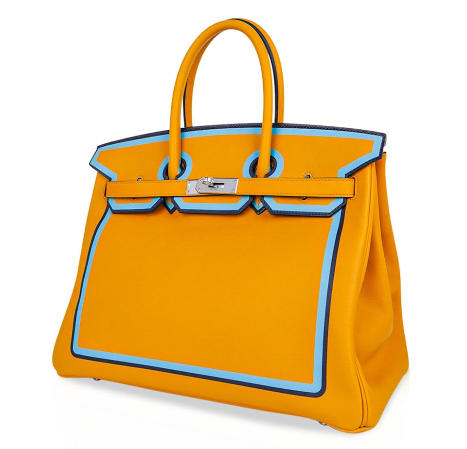 Hermes Birkin 35 Bag Jaune Ambre Blue Indigo Blue Celeste Limited Edition New