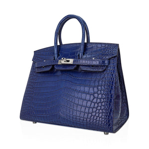 Hermes Limited Edition Birkin 25 Bag Sellier Indigo Aizome Porosus Crocodile with Palladium Hardware