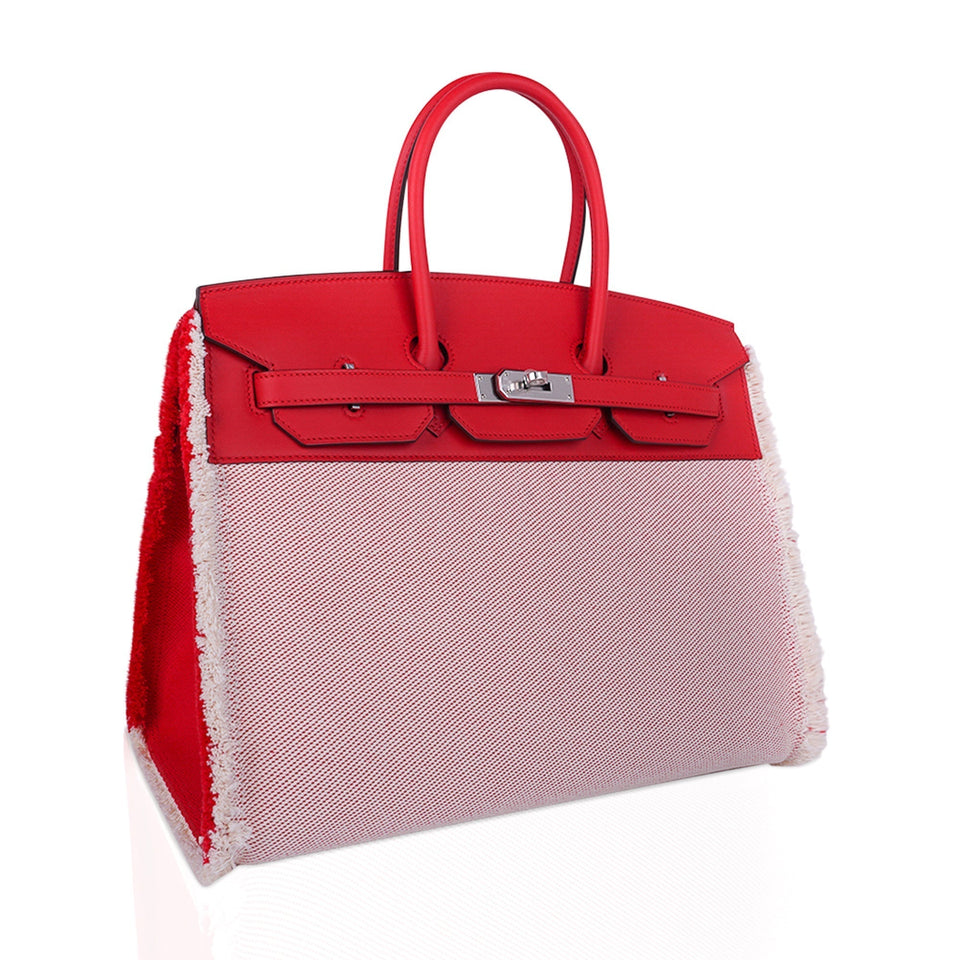 Hermes Limited Edition Birkin 35 Bag Fray Fray Framboise Toile & Swift Leather with Palladium Hardware