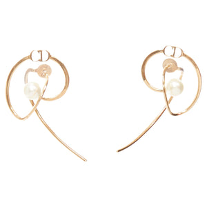 Dior Tribales Gold Metal CD Logo Faux Pearl Swirl Pin Earrings