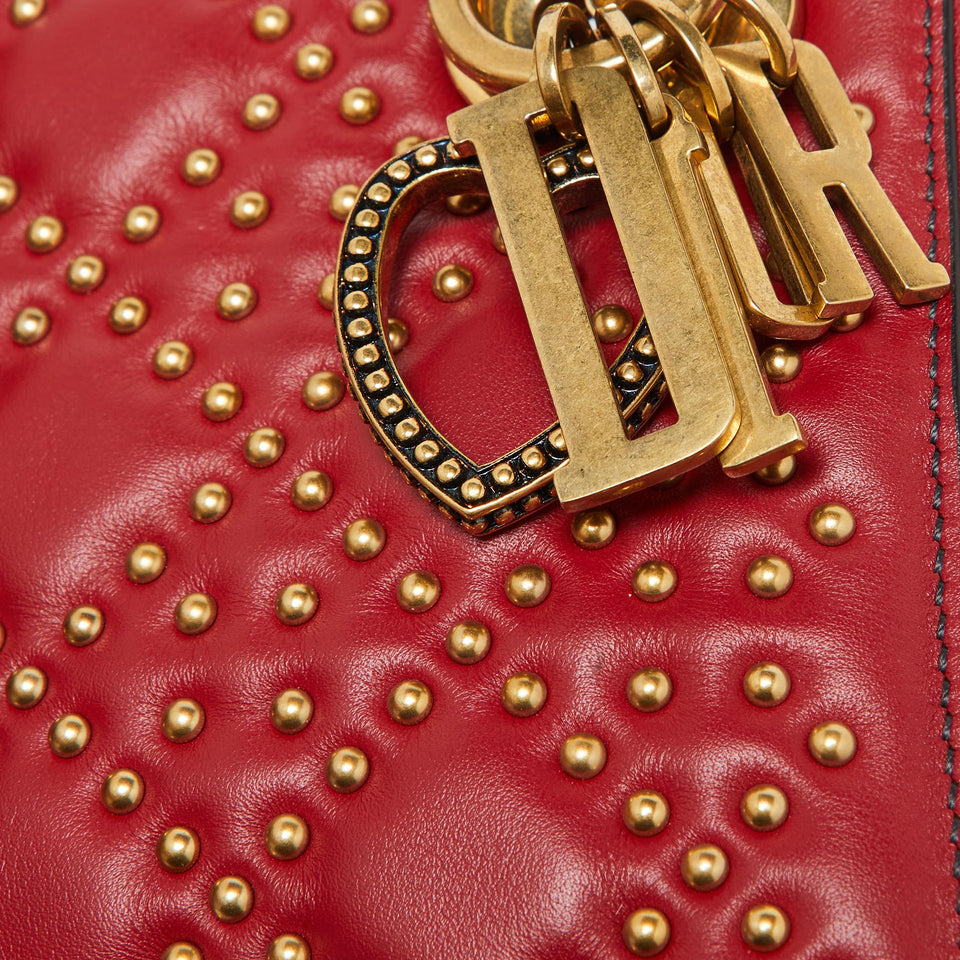 Dior Red Leather Mini Studded Supple Lady Dior Tote