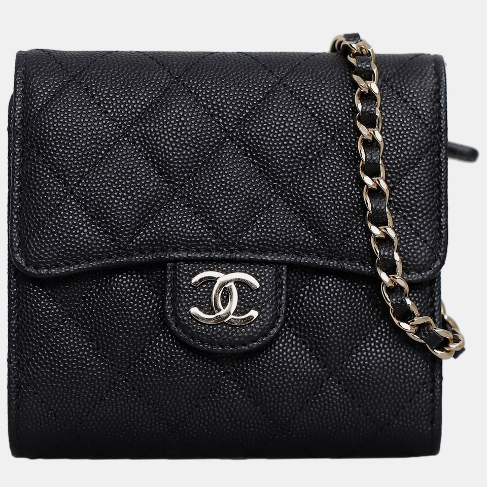 Black Caviar Leather Chain Clutch